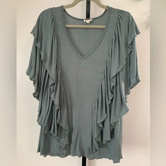 POL V-Neck Ruffle Top in Teal - Picture 3 of 16